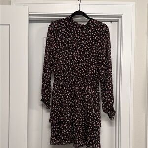 Black Floral Long-Sleeve Ruffle Tiered Mini Dress